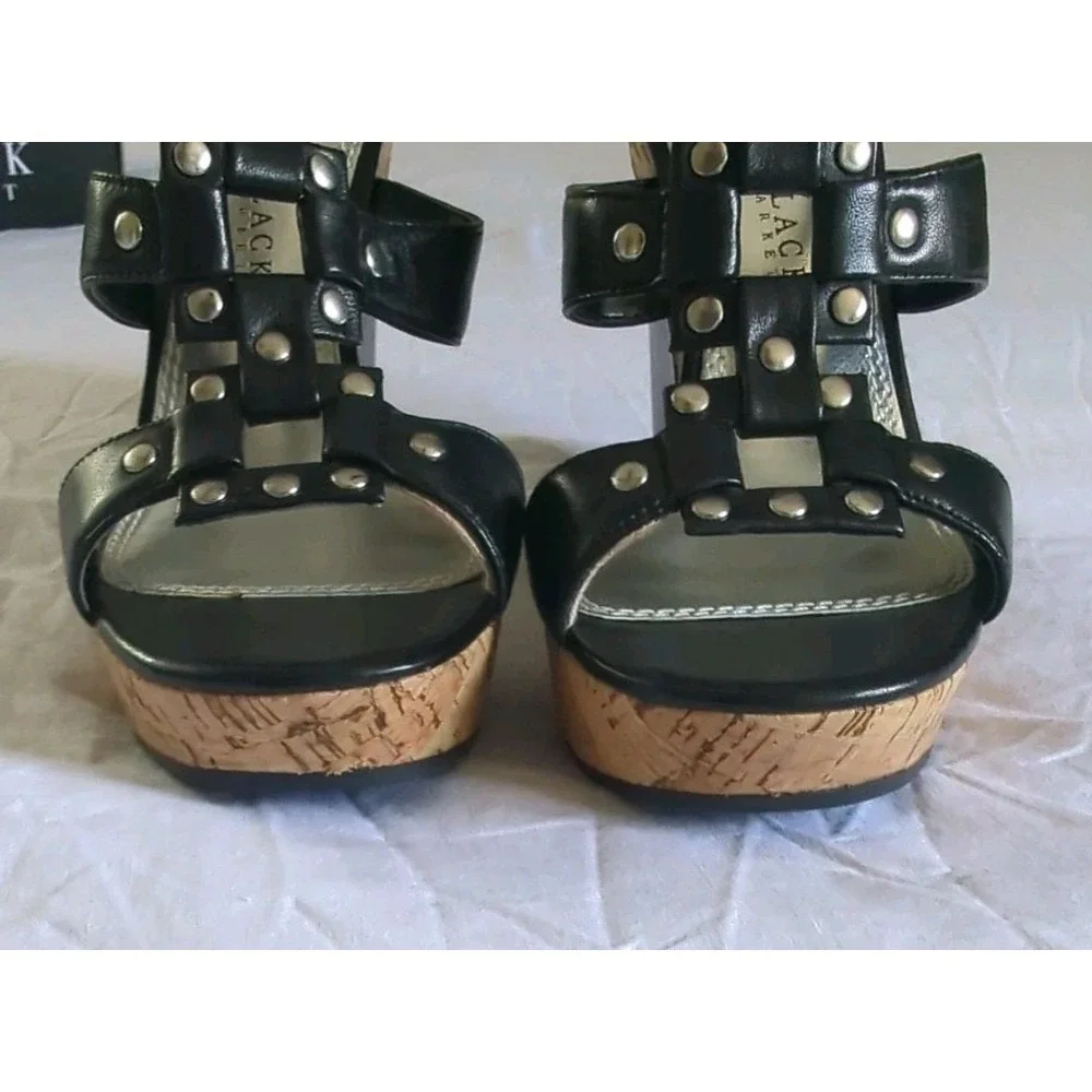 WHBM Wedge Sandals Black Leather Studded Strappy Sz 6M Edgy Goth Punk Going Out